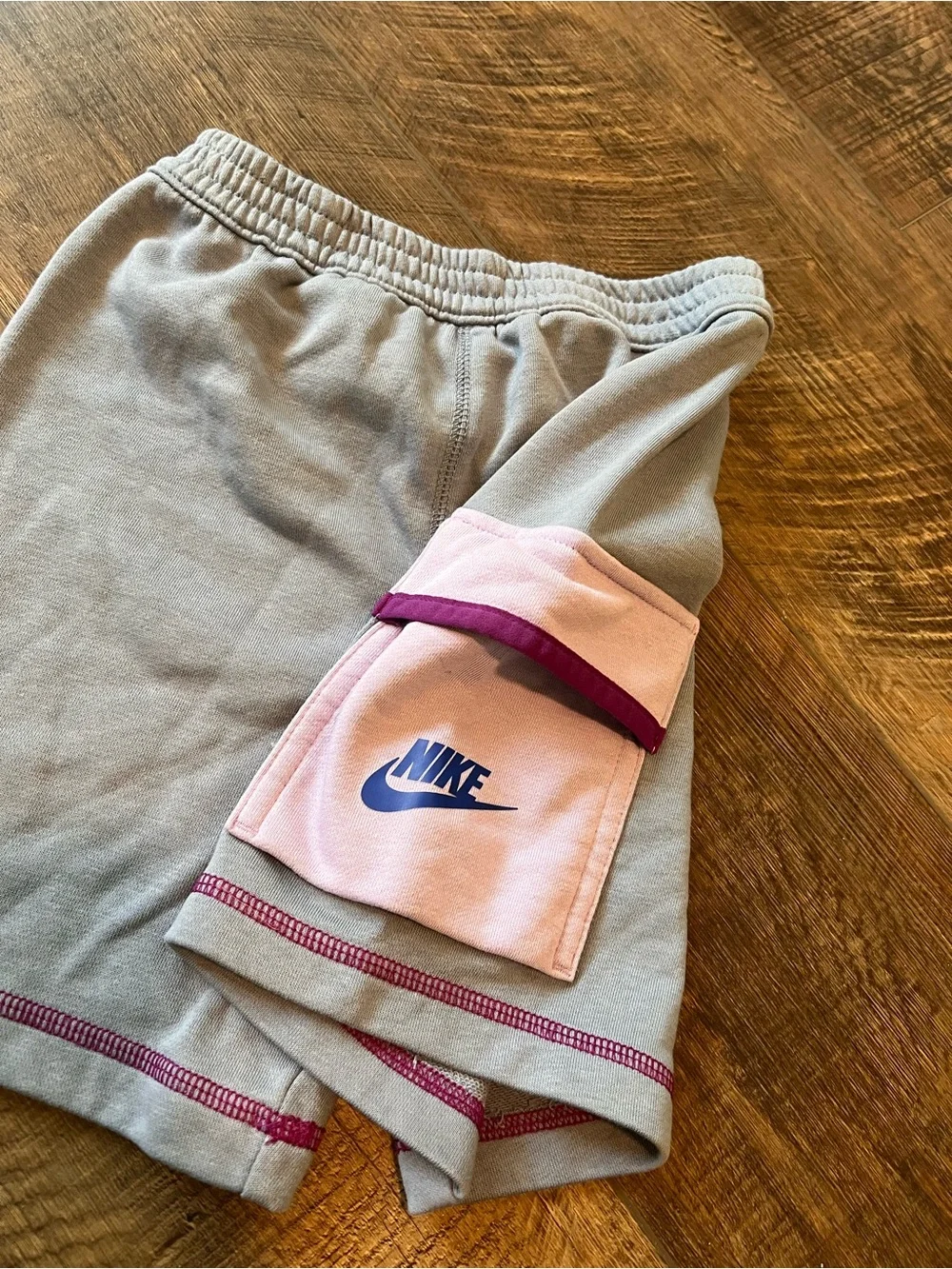 Nike Kids Light Gray Shorts with Pink Cargo & Purple Trim
